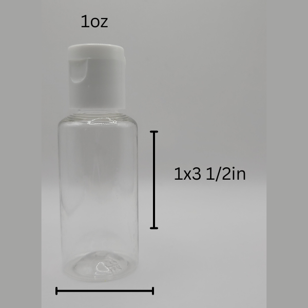 one Clear bottle with white cap labeled '1oz' and dimensions '1x3 1/2in' on a gray background