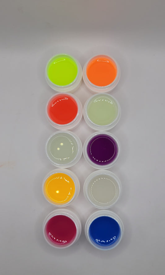10 glow in the dark uv gel collection on white background