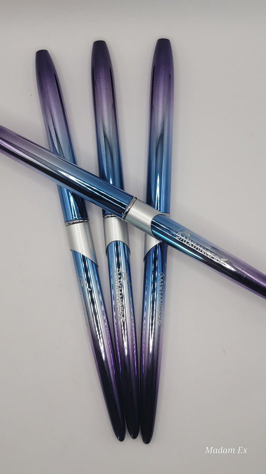 four piece purple blue and silver acrylic brush set 4 sizes with tops on