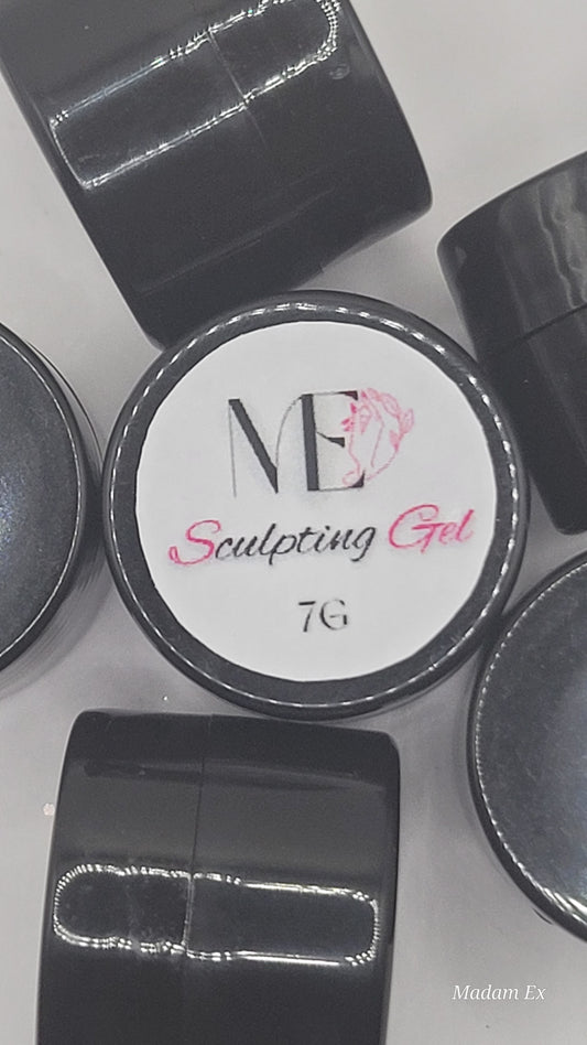 six Black UV Gel containers with a white lid labeled 'ME Sculpting gel' on a light gray background