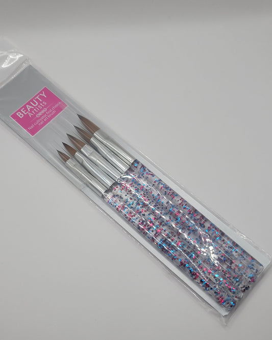 pack of five acrylic brushes on white backround