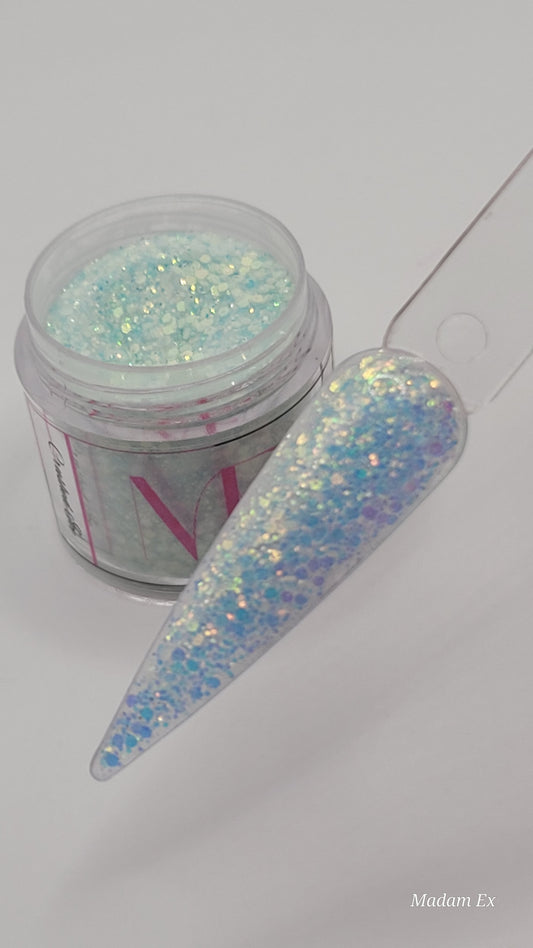 Jars of ice glitter acrylic powder with decorative 1 nail swatchsticks on a white background