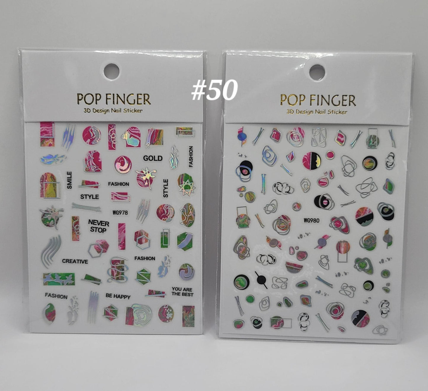 40/80 Pop Finger 3D Nail Stickers Bold Accent Nail Art, Glossy Gems, Florals & Abstract.