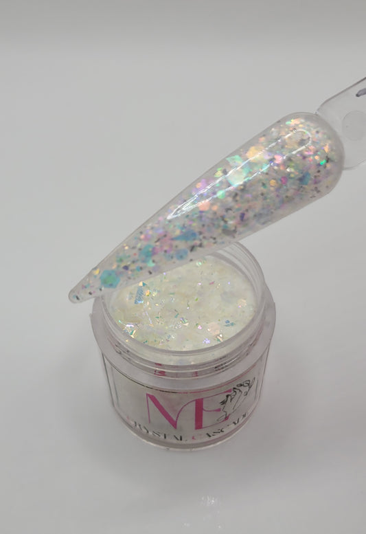 open Jar of crystal holograpgic decorative glitter foil acrylic mix top opened with a swatch stick over top on a white background