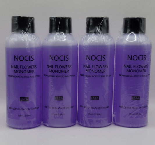Four bottles of Nocis Nail Flowers Monomer on a white background
