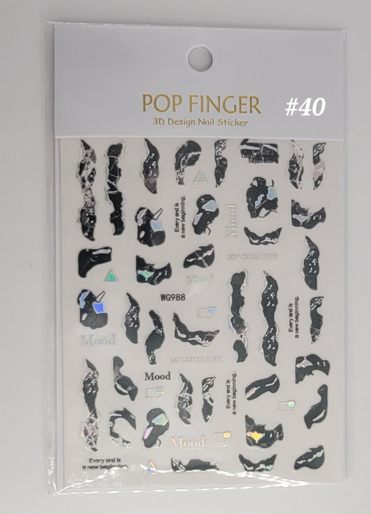 Packaging of Pop Finger 3D Design Nail Sticker #40 with black and white designs on a clear background.