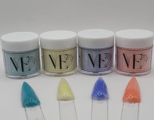 Four jars of powder with 'ME' branding and four colorful nail samples in front on a white background.
