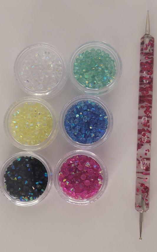 6-Piece 3g Iridescent AB Rhinestone Set | Ultra Tiny 2.8mm Mini Crystals + Dual Tip Dotting Pen