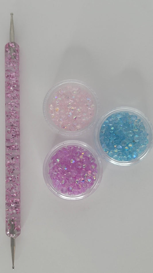 3-Piece Iridescent AB Rhinestone Set | 3g Mini Crystals + Dual-Tip Nail Art Dotting Tool