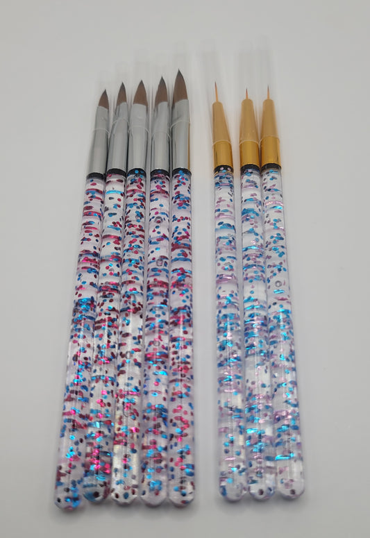 five piece acrylic brush set and tree piece nail art brush set on white background