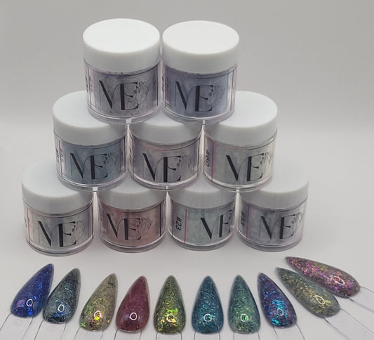 9 stacked Jars of chameleon glitter Acrylic powder with 'ME' branding with 9 nail art swatchstick samples on a white background