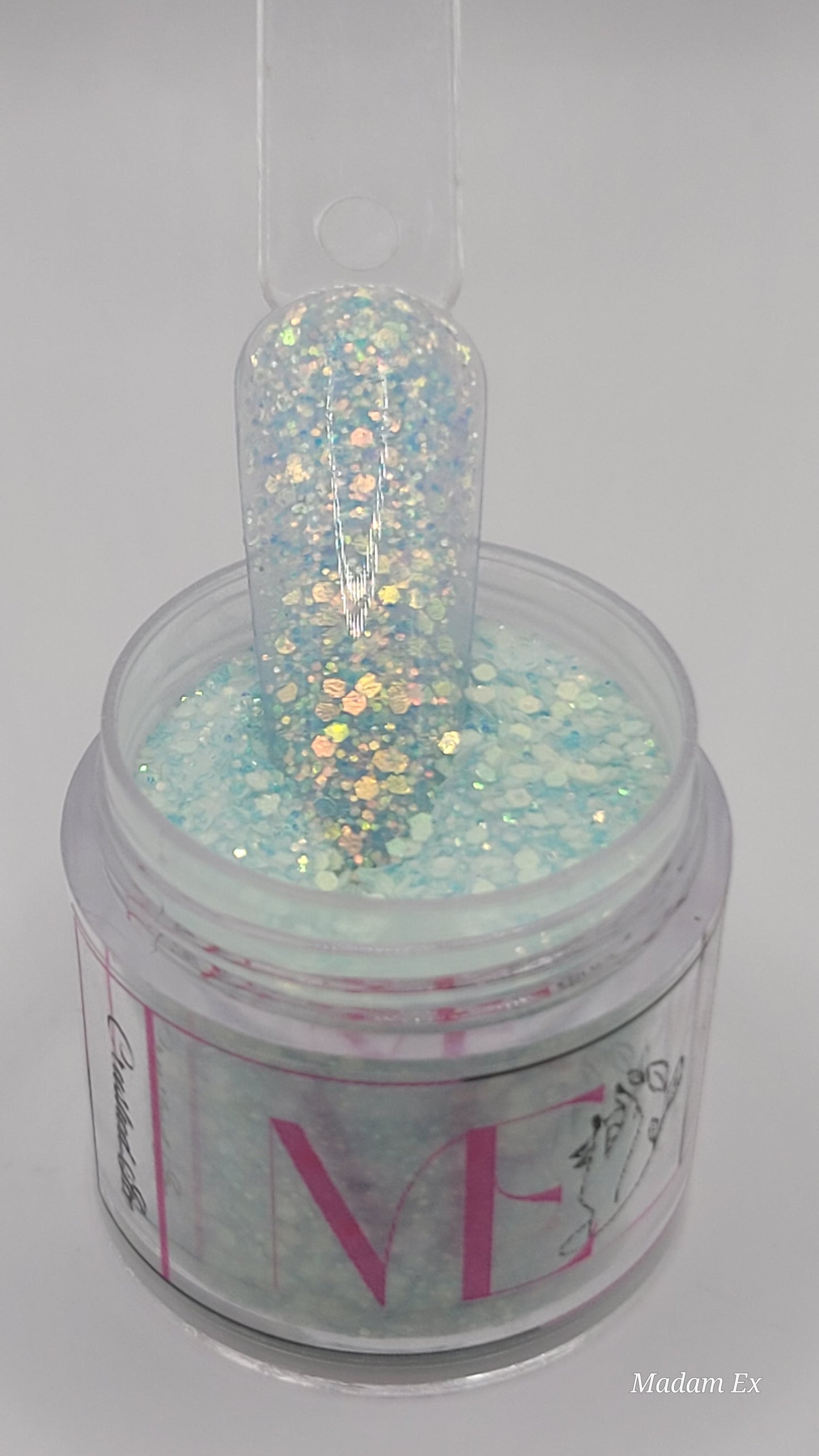 1 Jars of ice glitter acrylic powder with decorative 1 nail swatchsticks  on a white background