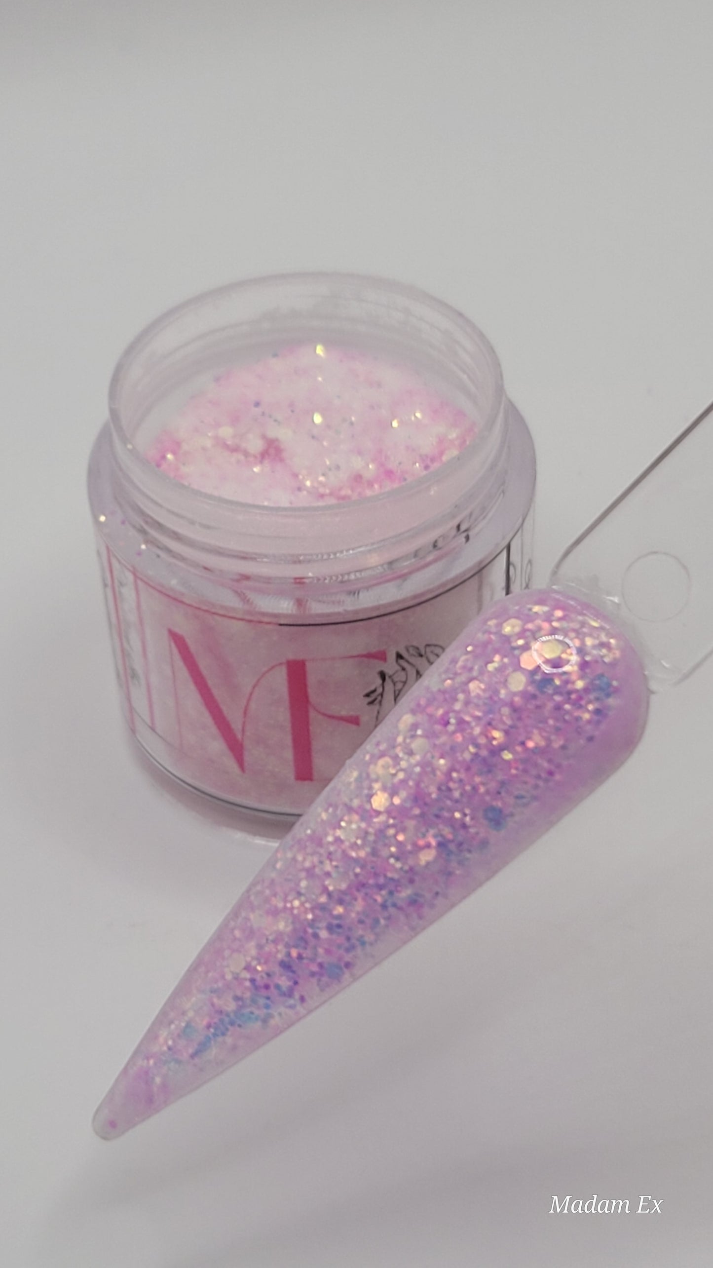 1 Jars of ice glitter acrylic powder with decorative 1 nail swatchsticks  on a white background