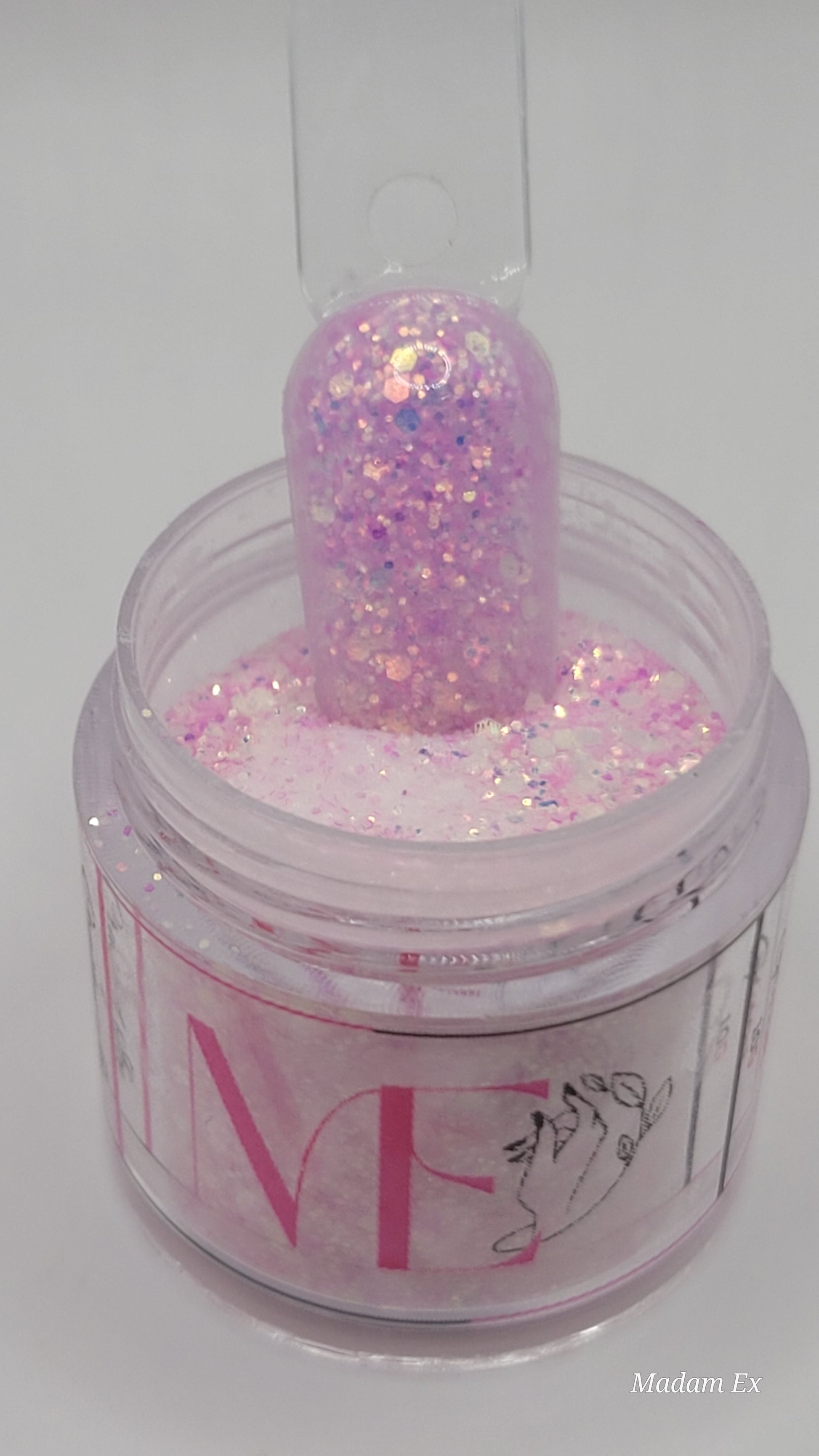 1 Jars of ice glitter acrylic powder with decorative 1 nail swatchsticks  on a white background