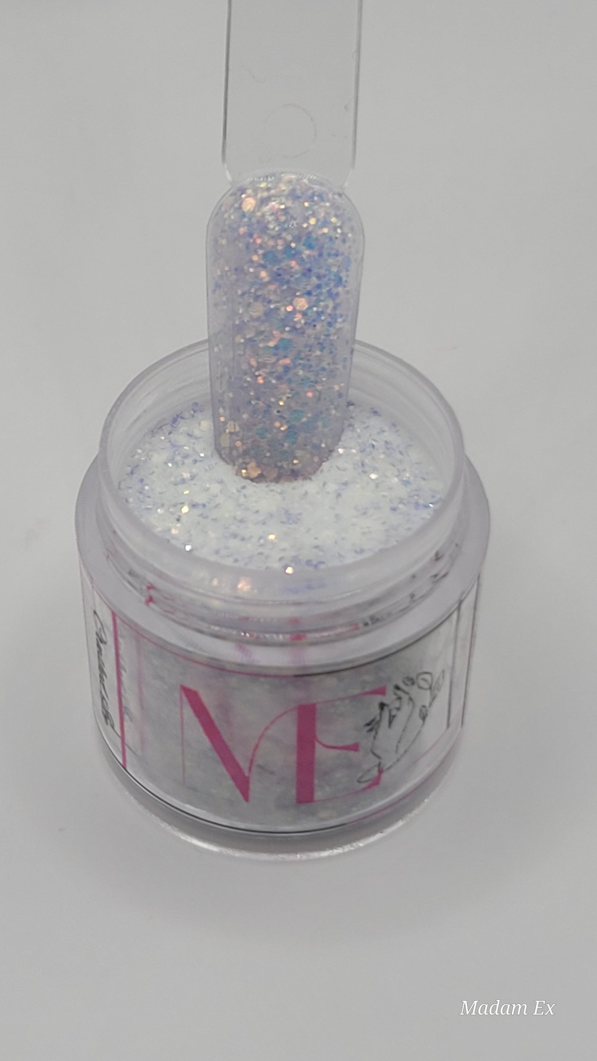 1 Jars of ice glitter acrylic powder with decorative 1 nail swatchsticks  on a white background