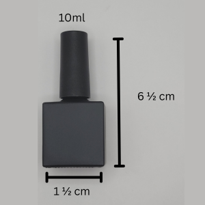 Black nail polish bottle with measurements on a gray background