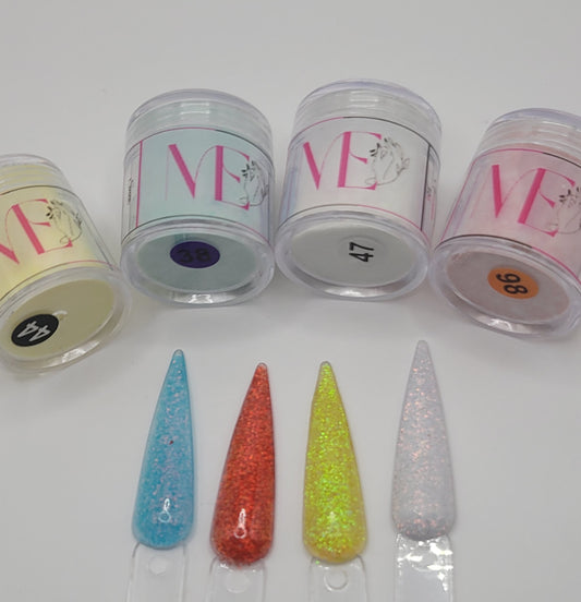 4 Jars of snow glitter acrylic powder with decorative 4 nail swatchsticks  on a white background